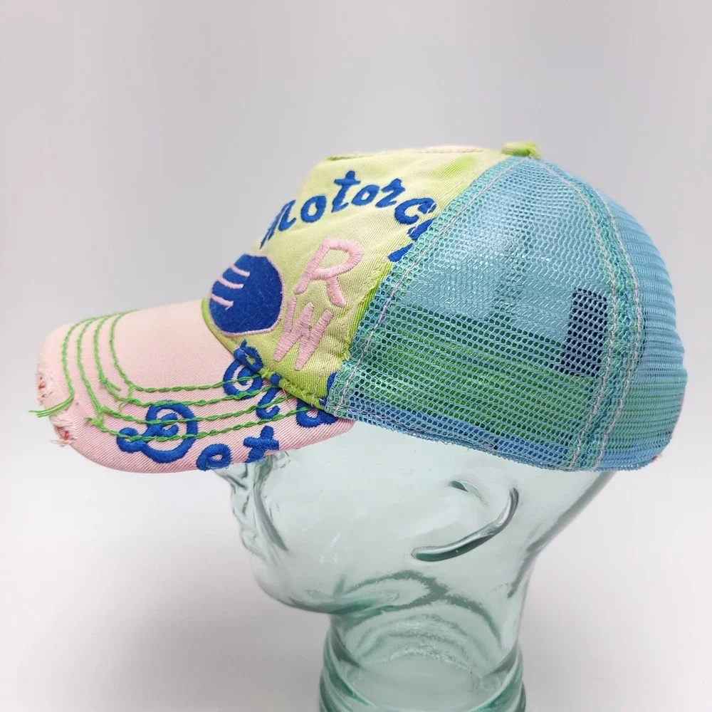 True Religion Distressed Motorcycle RW Club Strapback Cap Hat‎ Leather Mesh TRBJ